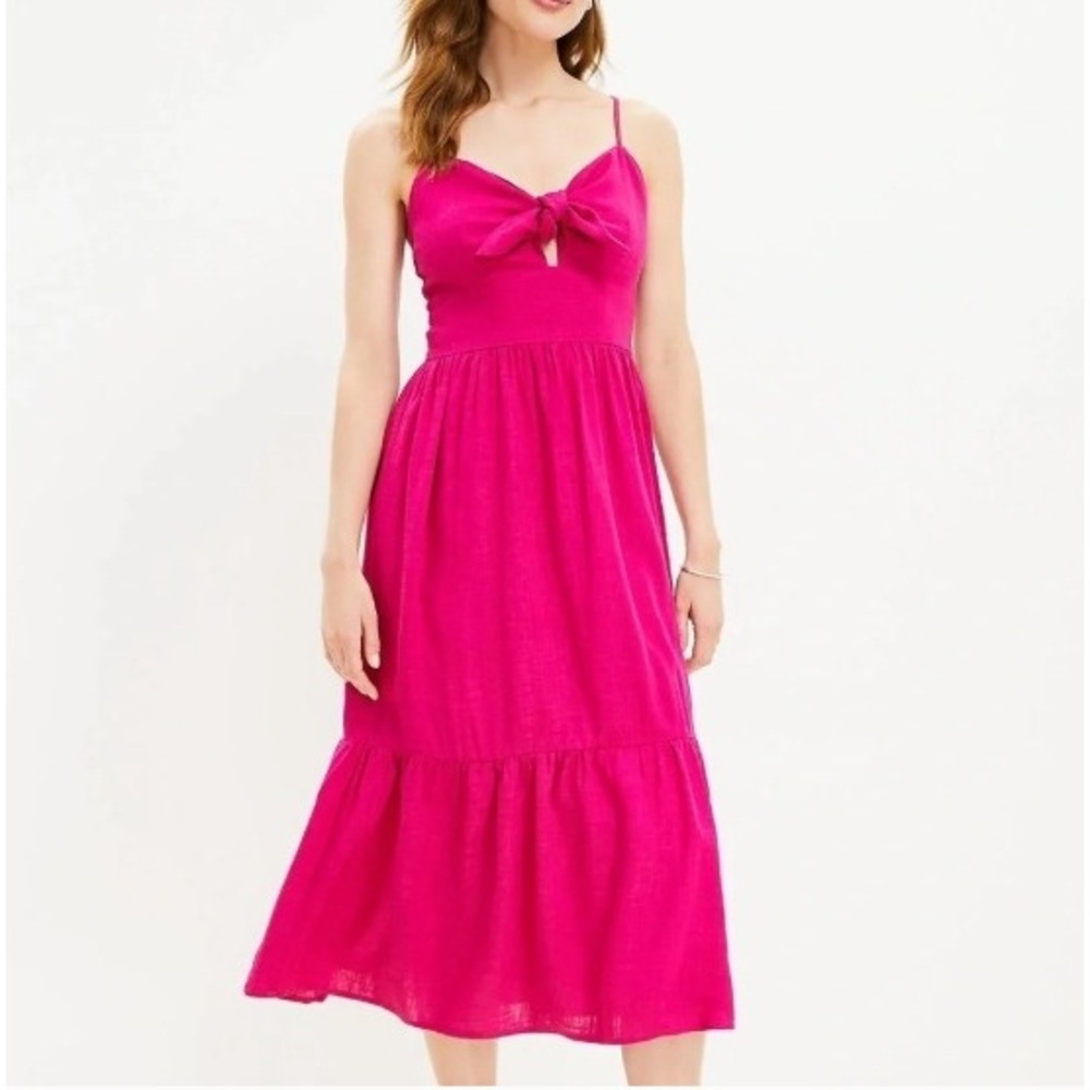 LOFT Size 14 Tie Front Strappy Linen Blend Midi Dress Hot Pink NWT